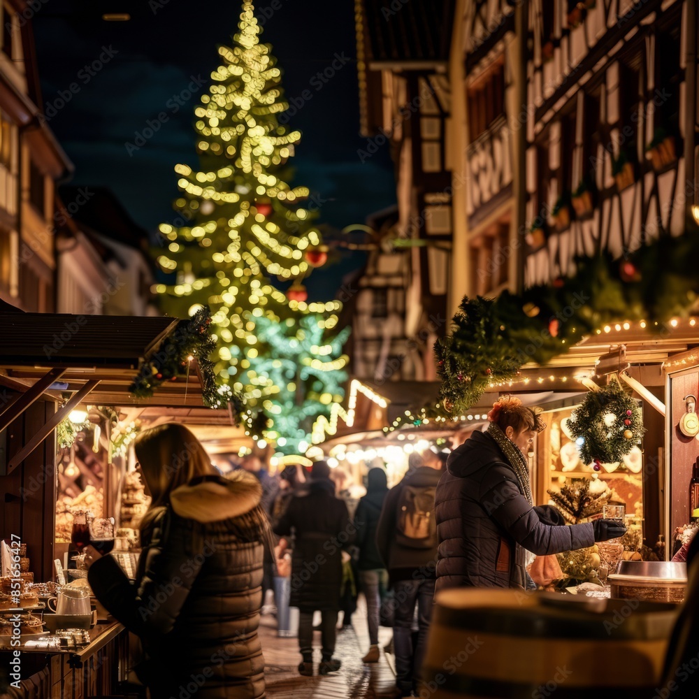 The atmosphere is festive and lively, with people enjoying the holiday season