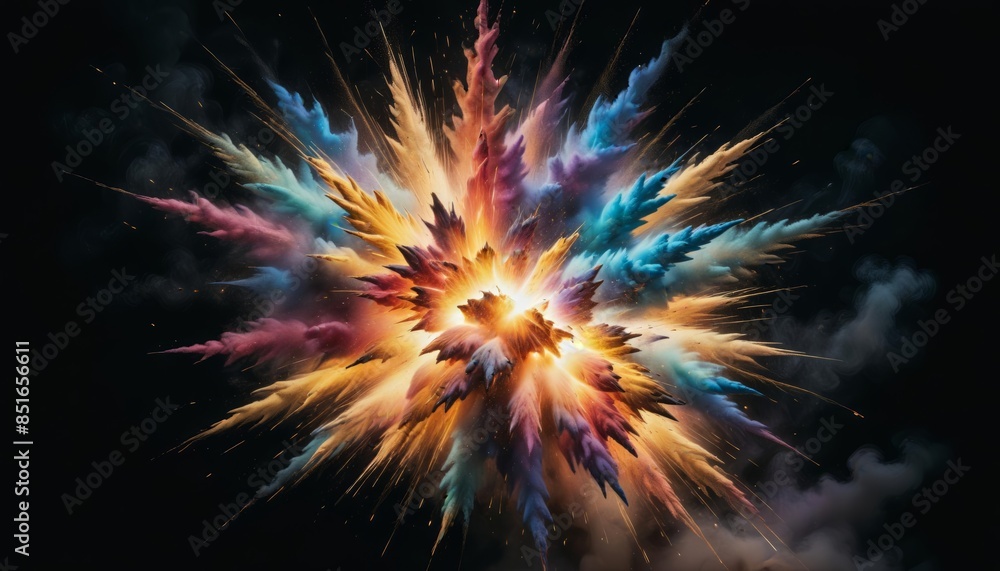 A striking AI-generated photo capturing an explosive burst of golden and multicolored smoke, enhanced by dynamic sparks. Perfect for use in creative projects, marketing materials, or artistic displays A striking AI-generated photo capturing an explosive burst of golden and multicolored smoke, enhanced by dynamic sparks. Perfect for use in creative projects, marketing materials, or artistic displays