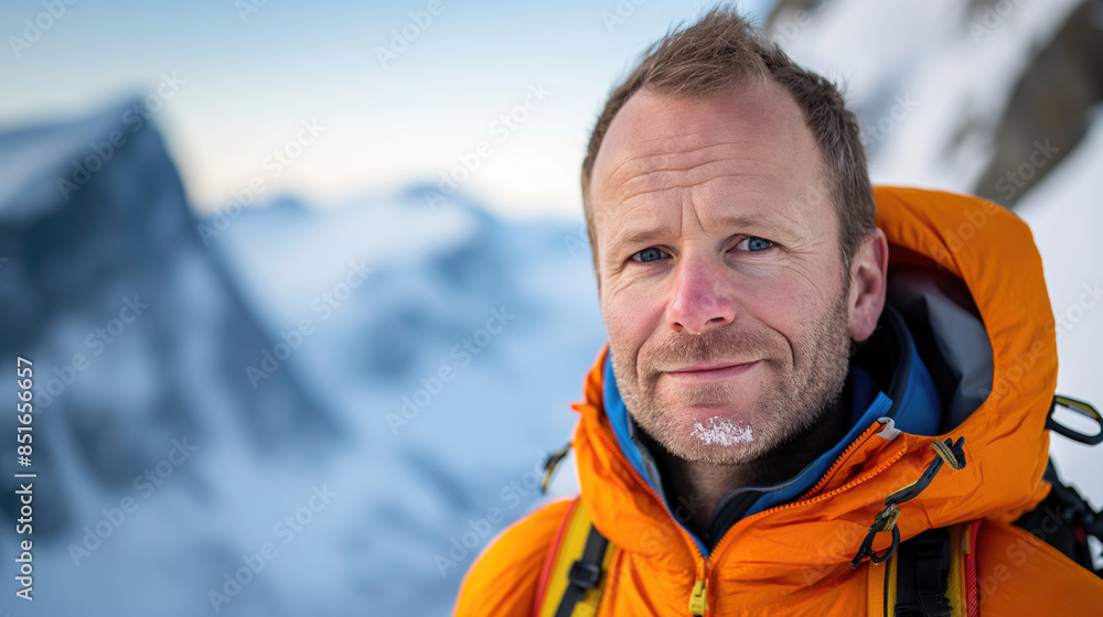 Smiling Man in Orange Jacket on Snowy Mountain Adventure. Smiling Man in Orange Jacket on Snowy Mountain Adventure.