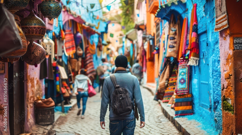 Fototapeta premium Man traveler with backpack explore the village walking on the old streets and explore the castles and fortresses