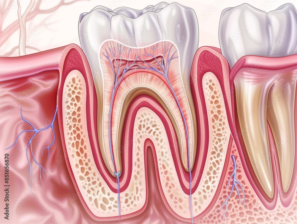 Cross-section of a human tooth with detailed anatomy showing enamel, dentin, pulp, cementum, periodontal ligament, and alveolar bone. Cross-section of a human tooth with detailed anatomy showing enamel, dentin, pulp, cementum, periodontal ligament, and alveolar bone.