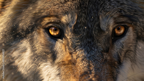 Intense Close-up of Wild Wolf with Penetrating Amber Eyes and Textured Fur photo