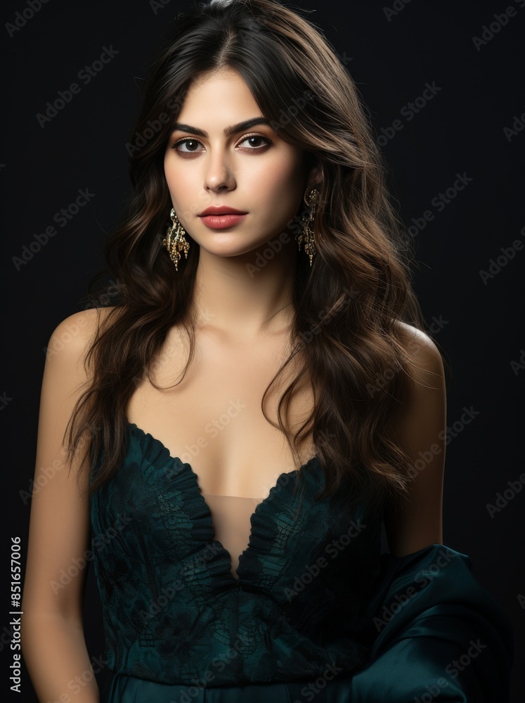 A woman in a green dress with long hair and gold earrings A woman in a green dress with long hair and gold earrings