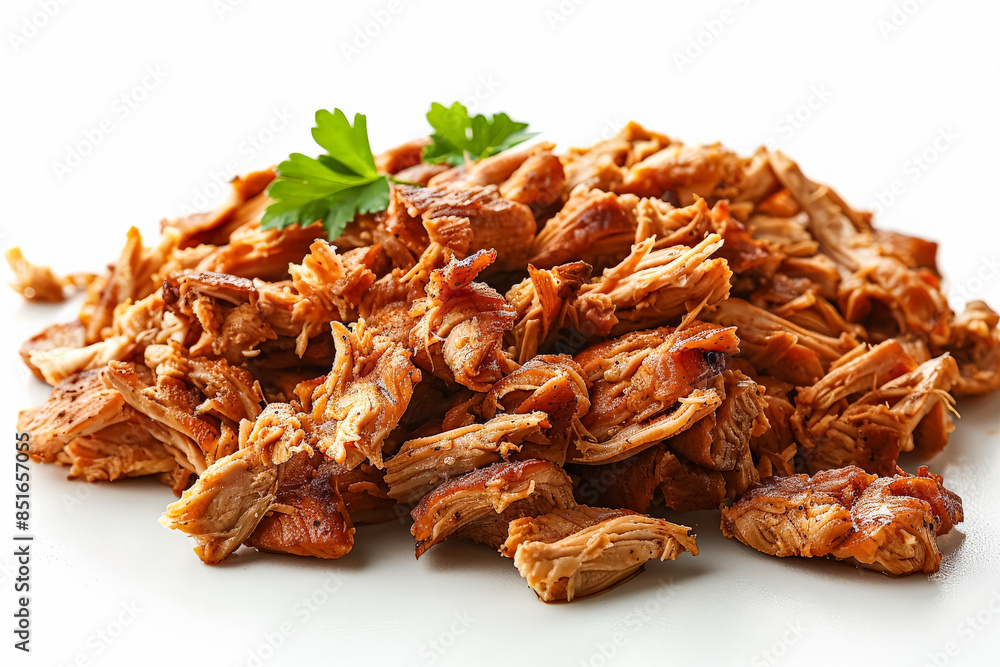 A pile of meat with parsley on top. The meat is cut into small pieces and is surrounded by parsley A pile of meat with parsley on top. The meat is cut into small pieces and is surrounded by parsley