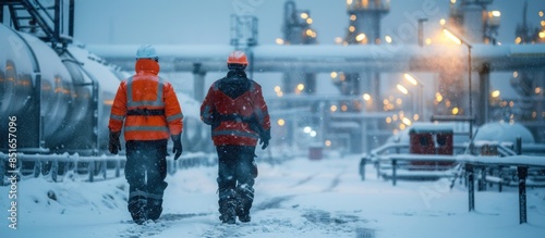 Industrial Workers Walking in Snowy Conditions