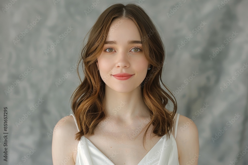 A woman with long brown hair is smiling at the camera A woman with long brown hair is smiling at the camera