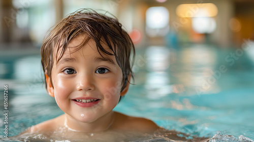 A little asian boy with wet hair in an indoor pool smiles at the camera. Blue water . Useful in materials promoting physical activity and the benefits of swimming for children health and fitness.