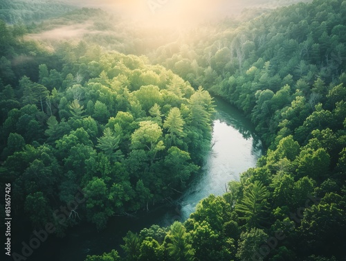 Medium shot of AAerial view of lush green forest with winding river, drone photography. © Садыг Сеид-заде