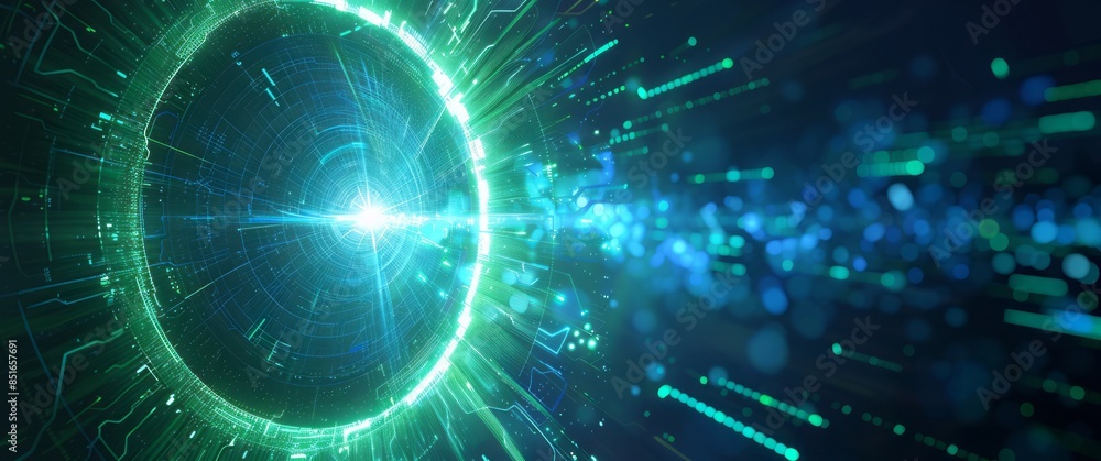 Blue background with green light beams and glowing ring in the center Blue background with green light beams and glowing ring in the center