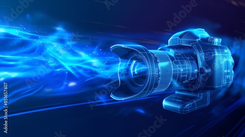 A digital camera is depicted in a glowing blue hologram, surrounded by dynamic light trails and particles.