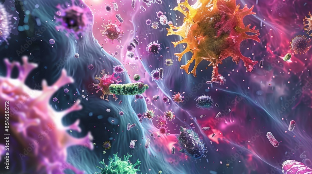 Microscopic View of Colorful Bacteria and Viruses in a Swirling Abstract Background Microscopic View of Colorful Bacteria and Viruses in a Swirling Abstract Background