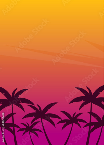 summer background design with a sunset theme and an illustration of a coconut tree silhouette