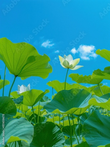 Green Lotus Leaves Against Blue Sky. Generative ai.