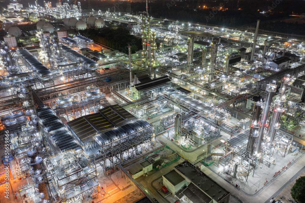 Fototapeta premium Overhead View of Industrial Refinery at Night