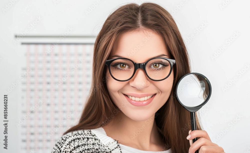 A woman is holding a magnifying glass up to her face and smiling