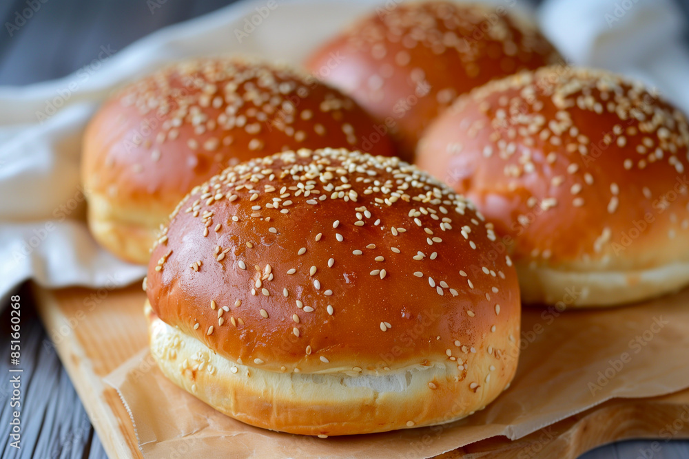 Homemade hamburger buns with sesame seeds on wooden board Homemade hamburger buns with sesame seeds on wooden board