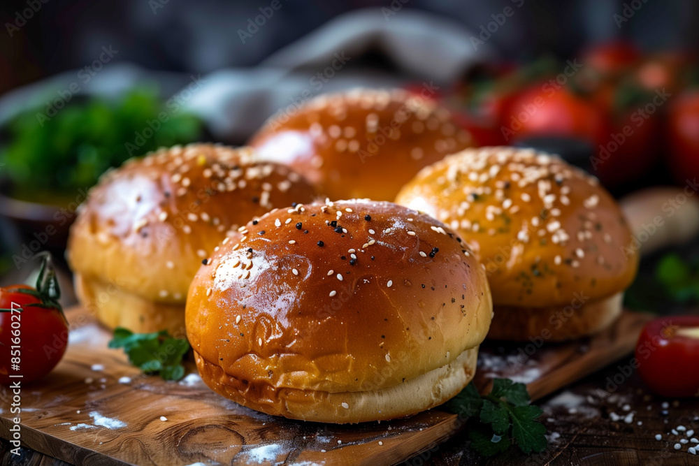 Fresh homemade hamburger buns with sesame seeds on wooden board Fresh homemade hamburger buns with sesame seeds on wooden board