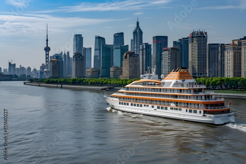 The cruise ship is sailing on the Yangtze River in Shanghai, with tall buildings and green trees along both sides of it. The sky above has a blue color, creating an overall bright atmosphere