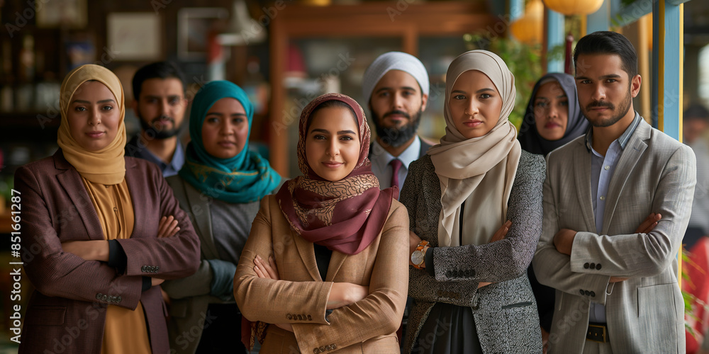 Hijabi Woman Leader Posing with Middle Eastern Coworkers, Confidently
Hijabi Woman Leader Posing with Middle Eastern Coworkers, Confidently