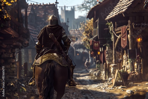 Medieval knight on horseback rides through a cobblestone village street, capturing the essence of historic European life and culture.