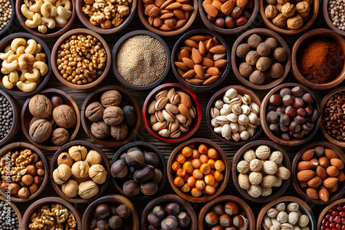 Bowls filled with various types of nuts, a natural food ingredient