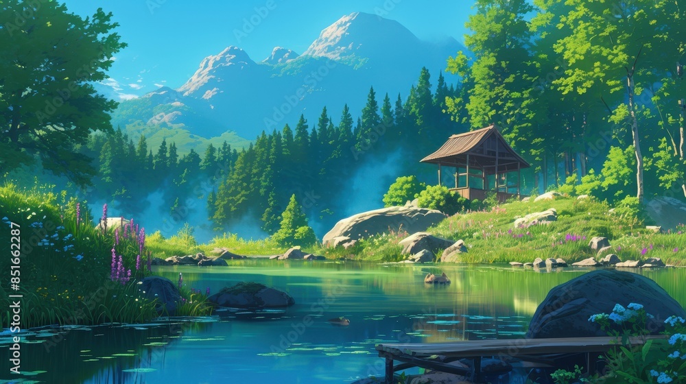Tranquil Lakeside Serenity in a Lush Mountain Valley Tranquil Lakeside Serenity in a Lush Mountain Valley