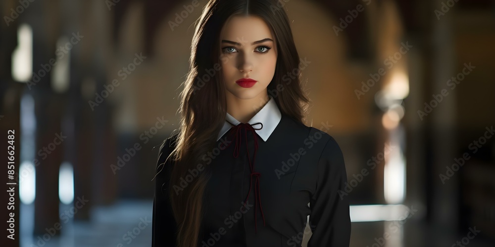 Gothic Vampire Romance A Chic Girl in School Uniform. Concept Gothic fashion, Vampire aesthetic, Romance, School uniform, Chic style Gothic Vampire Romance A Chic Girl in School Uniform. Concept Gothic fashion, Vampire aesthetic, Romance, School uniform, Chic style