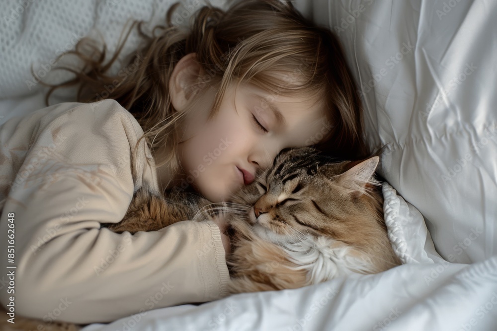 A young girl is sleeping with a cat on her bed A young girl is sleeping with a cat on her bed