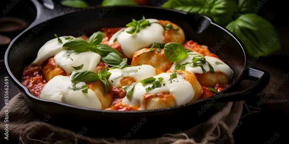 Baked Italian Potato Dumplings with Marinara, Mozzarella, and Basil. Concept Italian Cuisine, Baked Potatoes, Comfort Food, Mozzarella Cheese, Homemade Marinara Sauce Baked Italian Potato Dumplings with Marinara, Mozzarella, and Basil. Concept Italian Cuisine, Baked Potatoes, Comfort Food, Mozzarella Cheese, Homemade Marinara Sauce