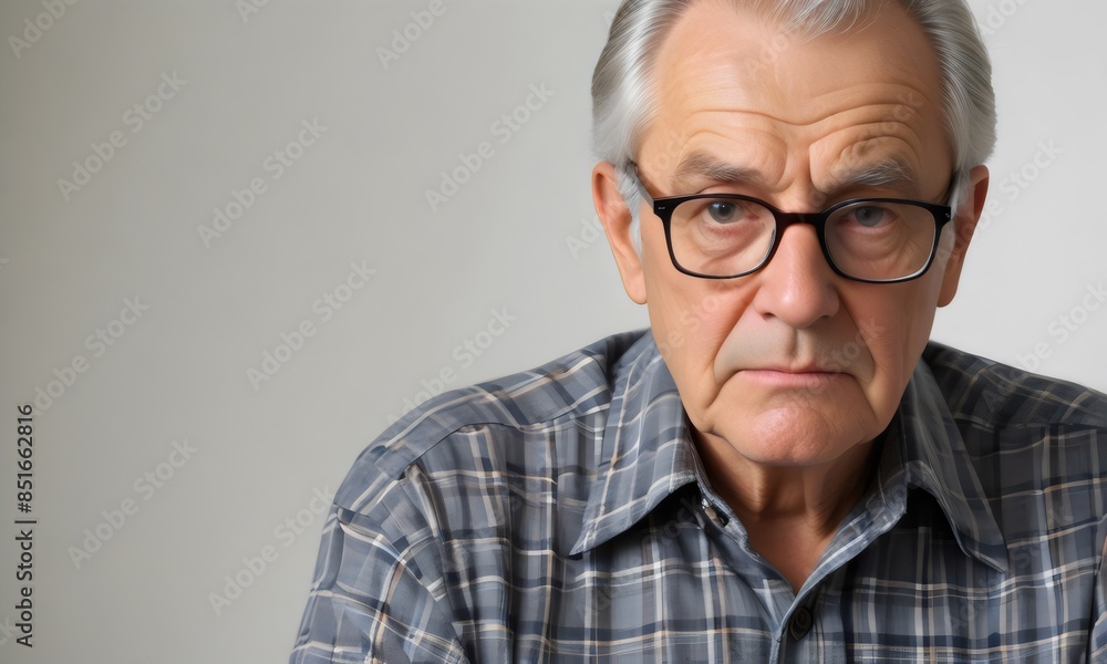 Senior Man in Glasses with Serious Expression Wearing Plaid Shirt - Elderly Portrait, Portrait of Older Man in Black Glasses and Checkered Shirt - Serious Elderly Man Image Senior Man in Glasses with Serious Expression Wearing Plaid Shirt - Elderly Portrait, Portrait of Older Man in Black Glasses and Checkered Shirt - Serious Elderly Man Image