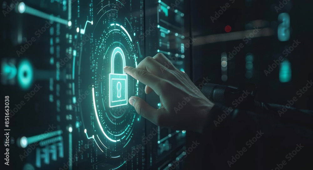 Businessman touching digital padlock and technology icon on virtual screen, Cyber security concept for online business data protection Businessman touching digital padlock and technology icon on virtual screen, Cyber security concept for online business data protection