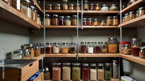 kitchen pantry storage room for home supplies organized with food containers and glass jars on shelves racked cabinets.