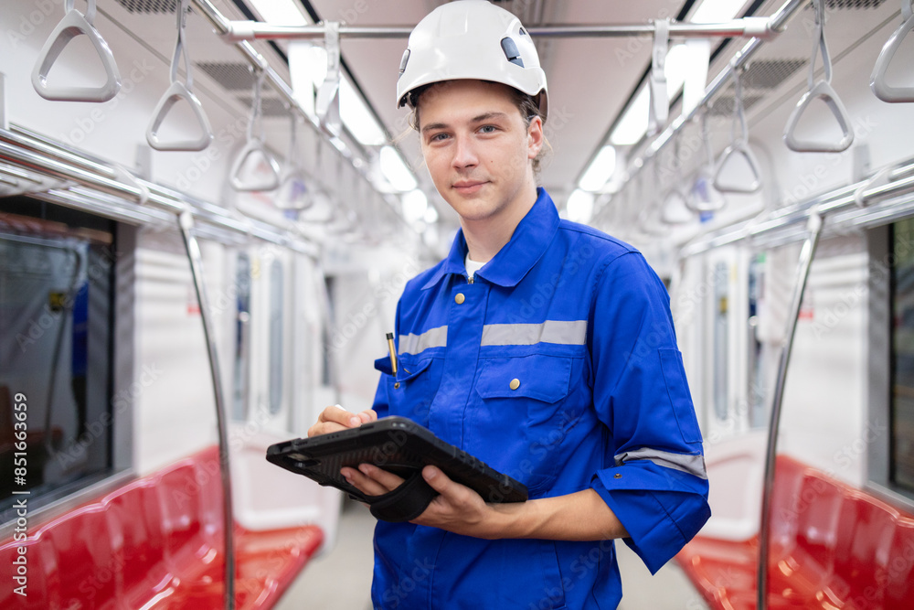 Portrait of young engineer of electric locomotive holding tablet in train Portrait of young engineer of electric locomotive holding tablet in train