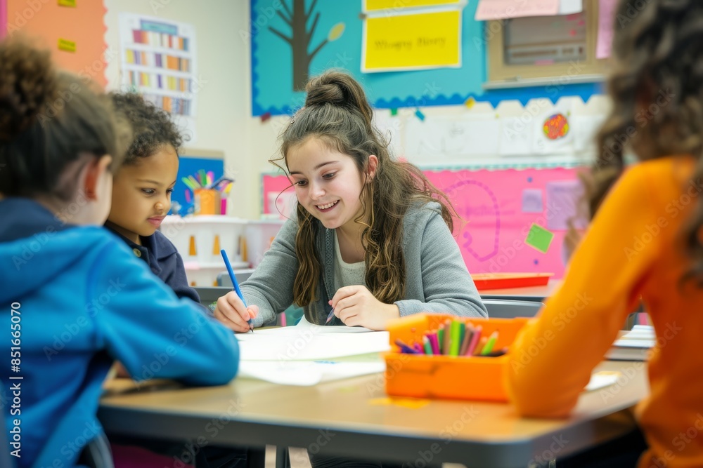 A group of children are sitting at a table in a classroom A group of children are sitting at a table in a classroom