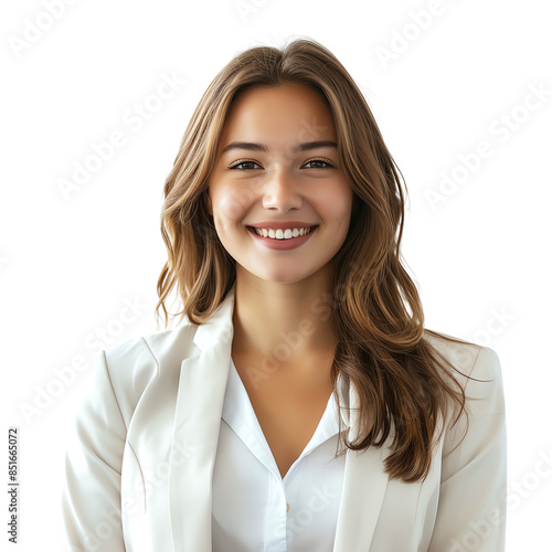 Smiling woman in a white blazer and shirt, looking at the camera, isolated on a white background, business casual attire.