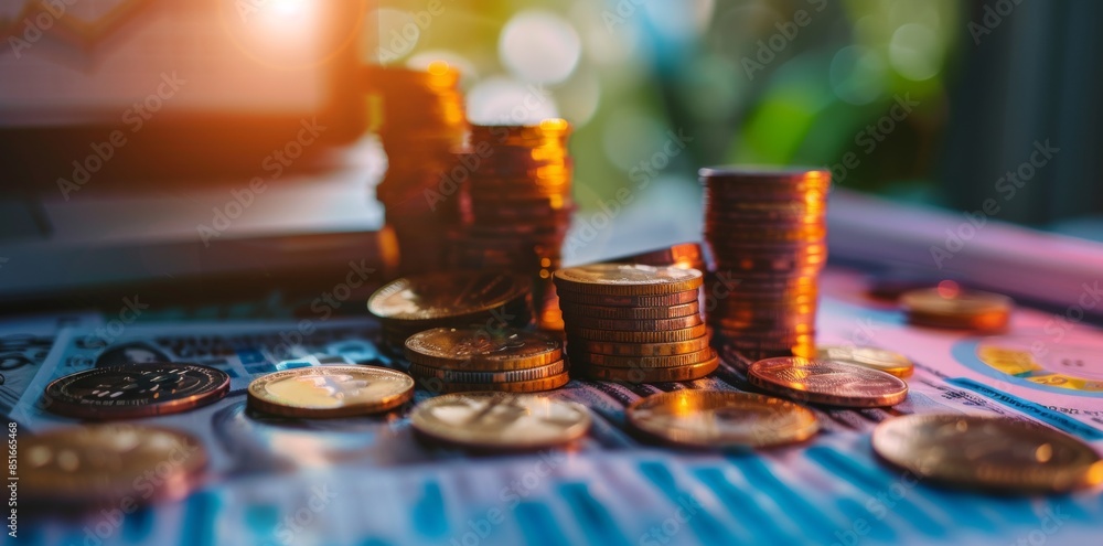 Stacks of coins and bills on digital table with business chart background, illustrating financial concept. Stacks of coins and bills on digital table with business chart background, illustrating financial concept.