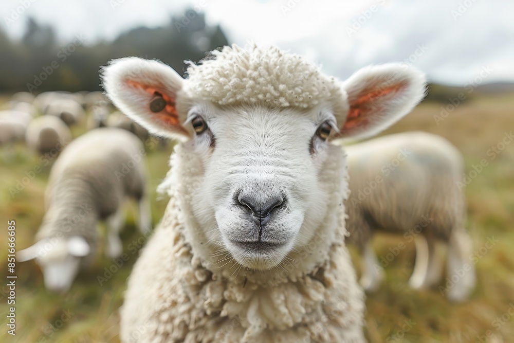 A fluffy white lamb with a small bell around its neck, standing in a green pasture with other sheep grazing in the background A fluffy white lamb with a small bell around its neck, standing in a green pasture with other sheep grazing in the background
