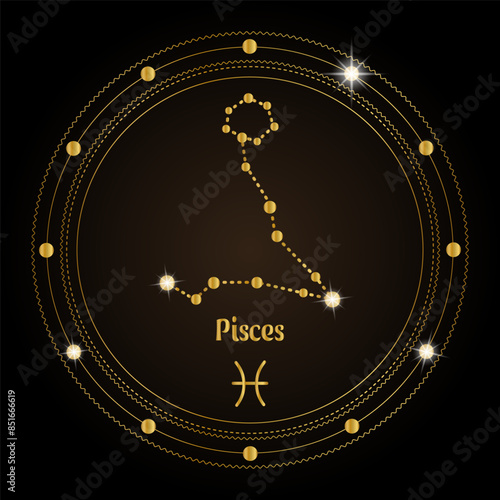 Pisces, constellation of the zodiac sign in the cosmic magic circle. Golden design on a dark background. Vector