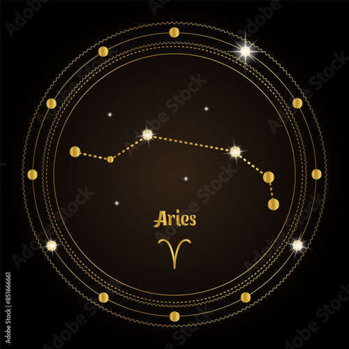 Aries, constellation of the zodiac sign in the cosmic magic circle. Golden design on a dark background. Vector