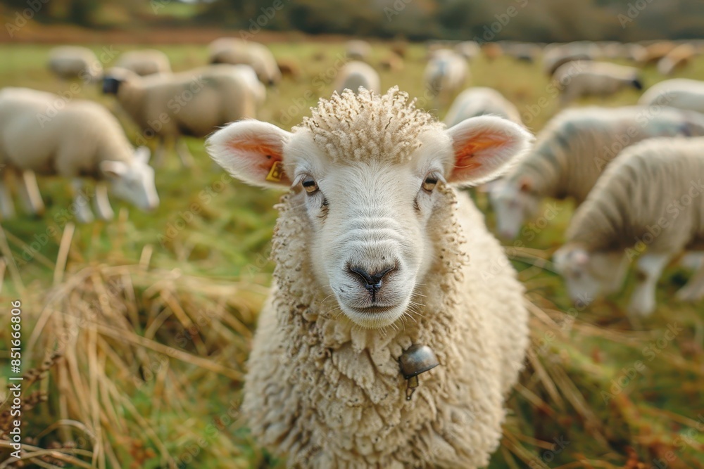 A fluffy white lamb with a small bell around its neck, standing in a green pasture with other sheep grazing in the background A fluffy white lamb with a small bell around its neck, standing in a green pasture with other sheep grazing in the background
