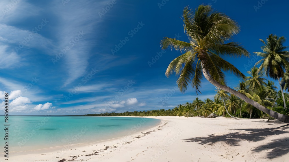 Panorama of Pristine Tropical Beach with Coconut Palm Trees Panorama of Pristine Tropical Beach with Coconut Palm Trees