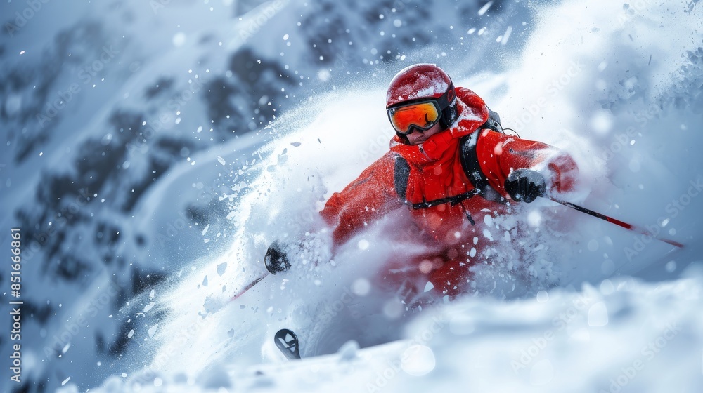 An action-packed image capturing a skier in vibrant red gear aggressively skiing through deep, powdery snow in a mountainous winter setting An action-packed image capturing a skier in vibrant red gear aggressively skiing through deep, powdery snow in a mountainous winter setting