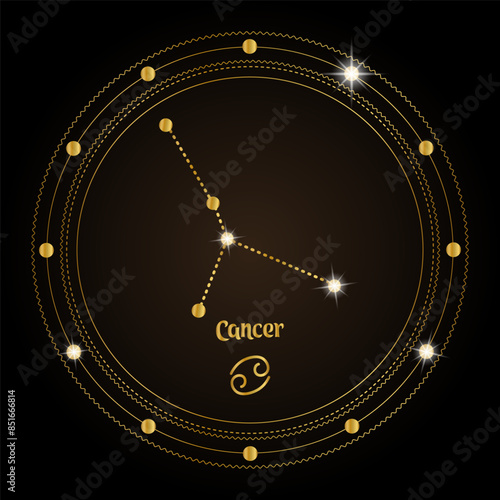 Cancer, constellation of the zodiac sign in the cosmic magic circle. Golden design on a dark background. Vector