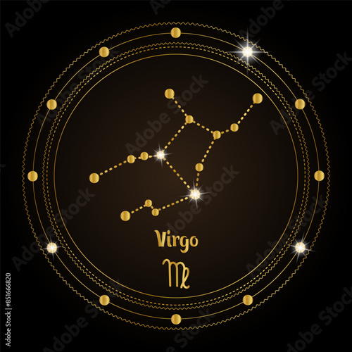 Virgo, the constellation of the zodiac sign in the cosmic magic circle. Golden design on a dark background. Vector