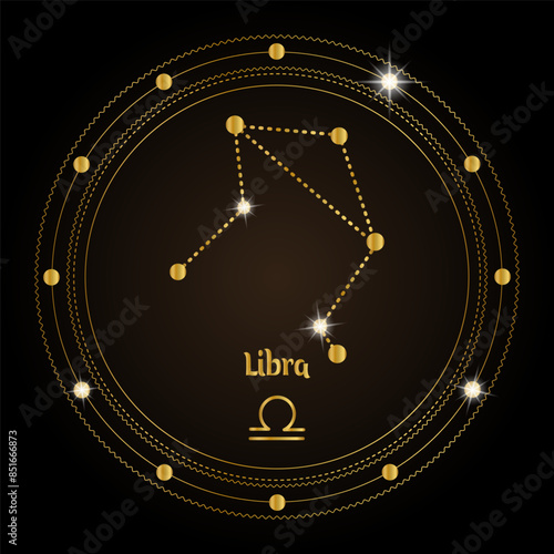Libra, the constellation of the zodiac sign in the cosmic magic circle. Golden design on a dark background. Vector