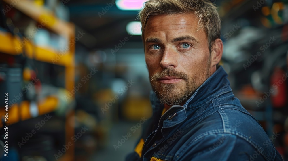 A close-up of a ruggedly handsome man with blue eyes, set against an industrial background A close-up of a ruggedly handsome man with blue eyes, set against an industrial background