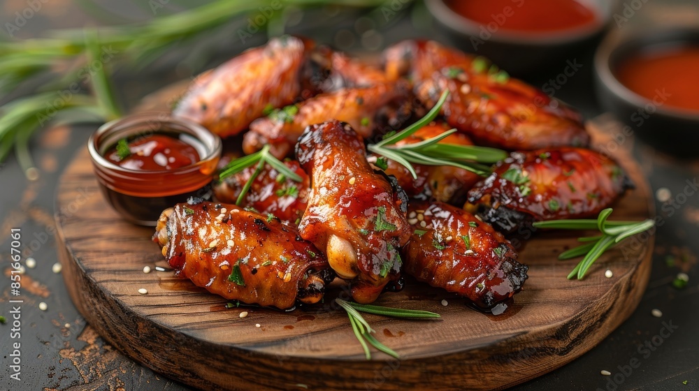 Glazed barbecued chicken wings on a wooden board with rosemary sprigs and sesame seeds, artistic display Glazed barbecued chicken wings on a wooden board with rosemary sprigs and sesame seeds, artistic display