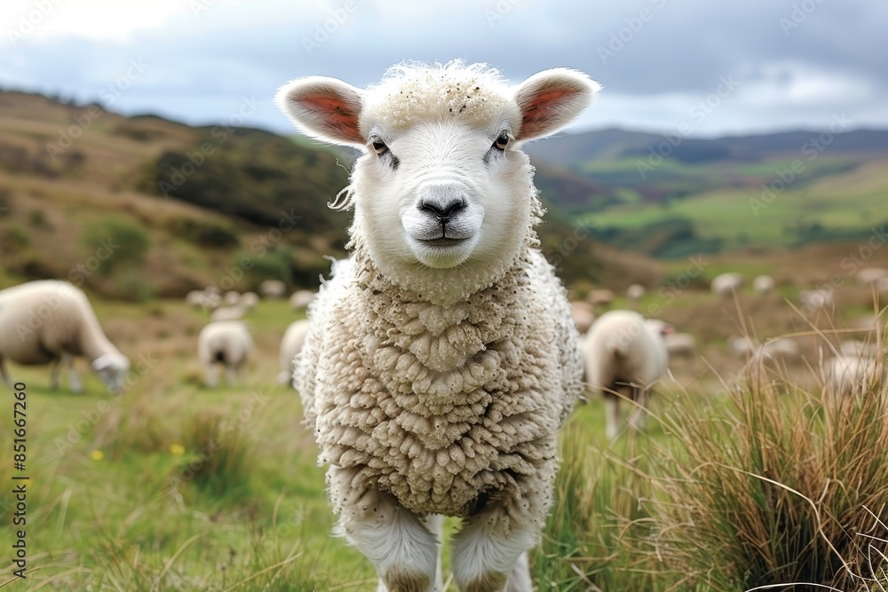 A fluffy white lamb with a small bell around its neck, standing in a green pasture with other sheep grazing in the background A fluffy white lamb with a small bell around its neck, standing in a green pasture with other sheep grazing in the background