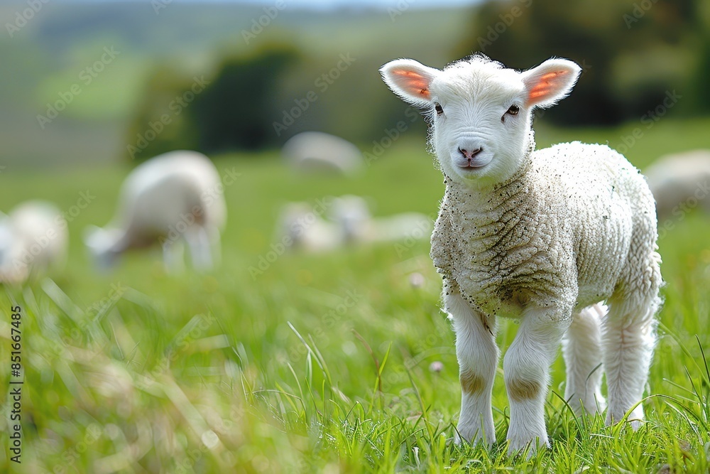 A fluffy white lamb with a small bell around its neck, standing in a green pasture with other sheep grazing in the background A fluffy white lamb with a small bell around its neck, standing in a green pasture with other sheep grazing in the background