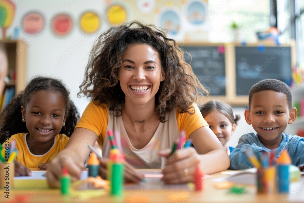 A woman is smiling at a group of children in a classroom